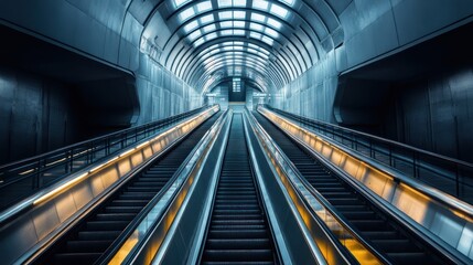 A long escalator ascends and descends, connecting multiple levels in a spacious public area, showcasing modern architecture and utility.