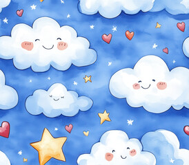 Obraz premium Cute clouds with smiling faces, stars, and hearts on blue background, Seamless Pattern Style.