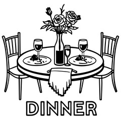 Romantic dinner poster, banner or placard. Wine and flowers bouquet drawing for wedding invitations, cafe menus and parties. , couples, lovers in restaurant or home 