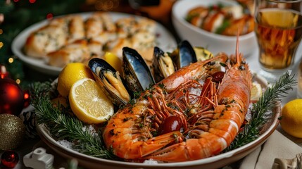 A Christmas dinner with a roasted seafood dish served alongside traditional holiday sides and drinks. 