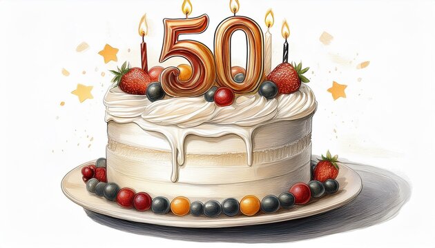 Illustration of decorated white cake for birthday or anniversary party. Number 50, fiftieth birthday celebration