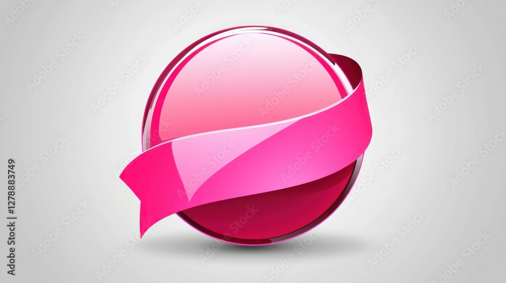 Poster a circular pink ribbon icon with a glossy finish, designed for digital use.