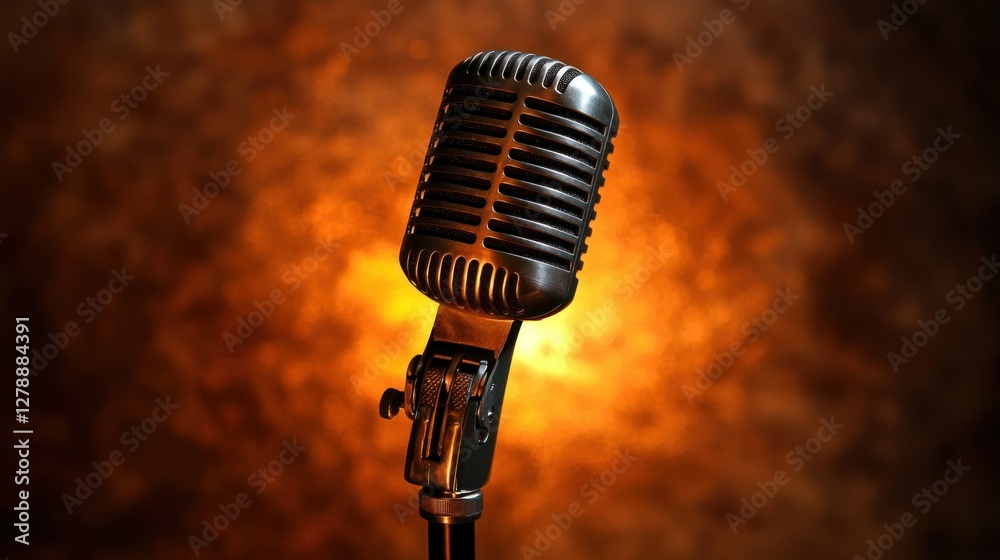 Poster A classic studio microphone on a stand, illuminated by warm studio lighting. 