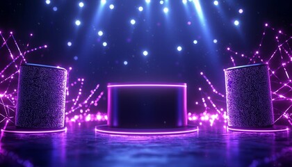 A podium surrounded by flashing lights and Black Friday sale signs, showcasing a state-of-the-art home entertainment system