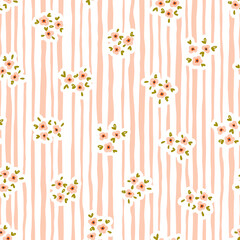 Preppy bouquet on wavy vertical lines stripes background. Coquette flowers trellis seamless pattern