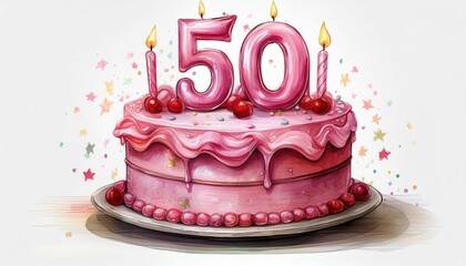 Illustration of decorated pink cake for birthday or anniversary party. Number 50, fiftieth birthday celebration