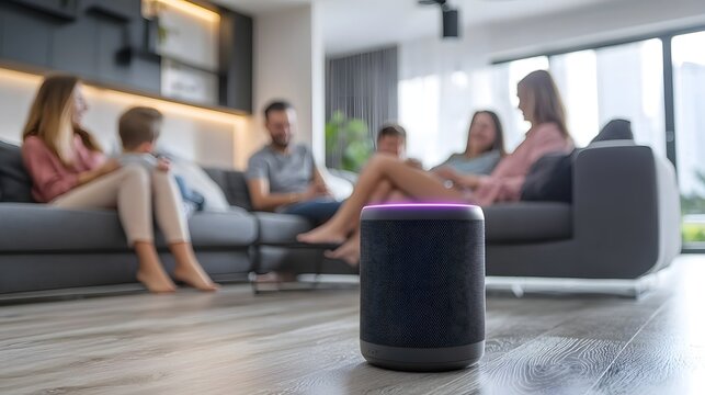 A family relaxing on the couch in a contemporary living room with smart home devices and technology managing various home functions creating a comfortable and convenient domestic environment