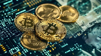 Transformation of bitcoin coins digital realm conceptual image futuristic environment close-up view cryptocurrency evolution