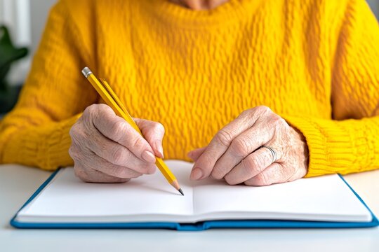 Closeup of wrinkled hands of unrecognizable senior female artist drawing portrait in sketchbook with charcoal pencil