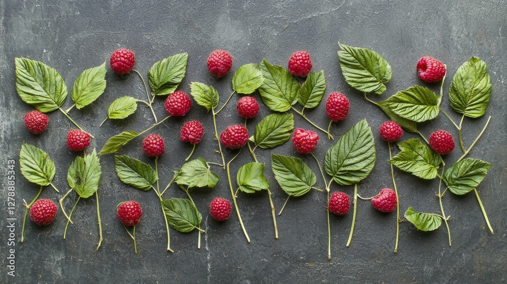 Poster a cluster of raspberries with green leaves for contrast, arranged neatly on a plain surface.