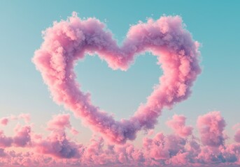 Fototapeta premium Vibrant heart-shaped cloud formation, colorful pastel sky, fluffy cumulus clouds, pink and turquoise hues, dreamy atmosphere, ethereal cloudscape