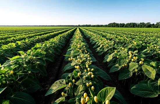 A vast soybean field with rows of green plants and numerous yellow soybeans under a clear sky, extending to the horizon.
