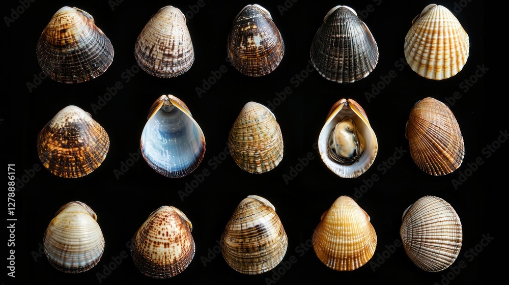 Poster a collection of shellfish, including mussels and clams, arranged artistically on an isolated black b