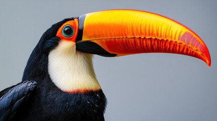 Fototapeta premium A stunning close-up of a regal toucan, its massive beak gleaming with a natural gradient of orange and yellow