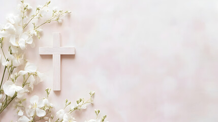 un fondo rosa pastel con espacio de copia con una cruz catolica cristiana y ramas de flores blancas elegantes y sencillas para diseño de invitacion de celebracion boda o bautizo primera comunion