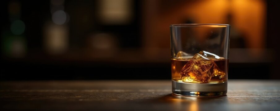 Amber liquid gently laps against the sides of a whiskey glass, serene atmosphere, sophistication