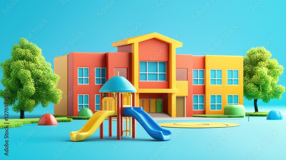 Poster A colorful 3D illustration of a school building with a playground in front 
