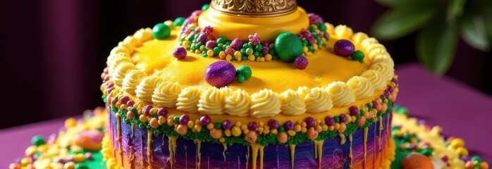 Close-up of a traditional king cake with purple, green and gold decorations for Mardi Gras in New Orleans