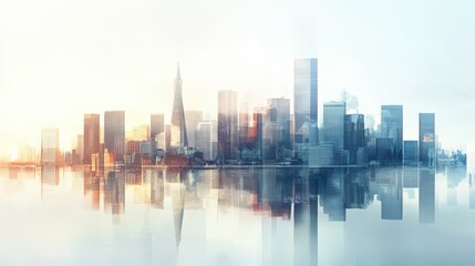 Fototapeta premium A city skyline is reflected in the water