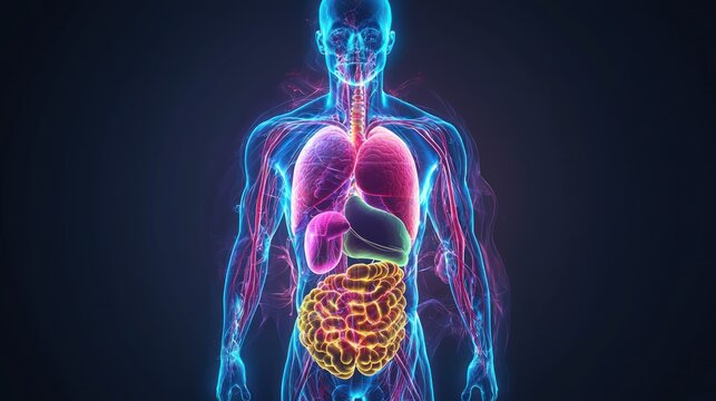 A colorful 3D illustration of the human body with internal organs visible. 