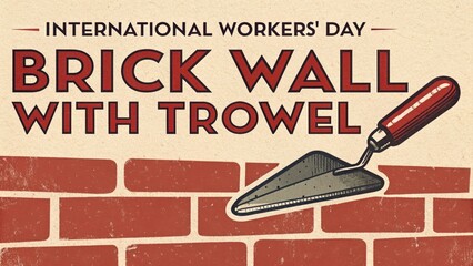 Bold graphic design for International Workers' Day featuring a trowel against a brick wall, celebrating labor and craftsmanship