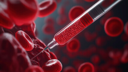 Red blood cells flowing inside a vein and syringe injects red fluid into the bloodstream.