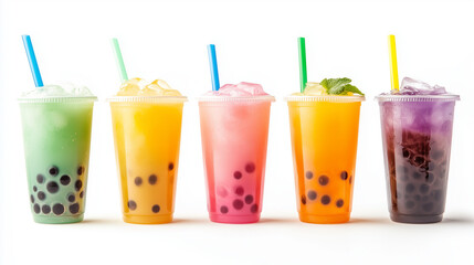 set of different color bubble tea isolated on white background