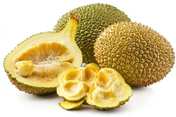 A fresh jackfruit with its rough, bumpy green exterior, isolated on a white background