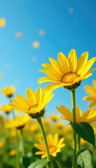 Obraz premium Bright yellow flowers scattered on a blue sky background, with golden balls in the foreground, sunshine, sunflower, blue