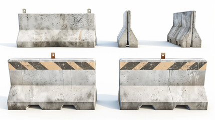set of concrete road barriers isolated on white background