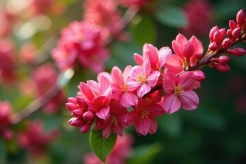 Obraz premium Clusters of pink flower buds on Photinia branches, garden, tree