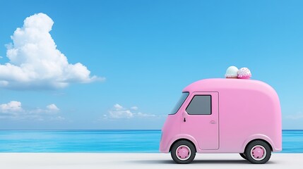 Fototapeta premium Cute Pastel Ice Cream Truck by the Beach with Bright Blue Sky
