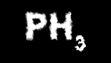"PH₃" text or word appearing as a smoke cloud effect on a black background, representing the phosphine molecule in a dramatic and mysterious style