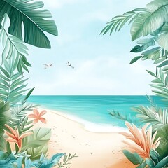 Fototapeta premium Serene Luxury Summer Beach Background with Tropical Foliage