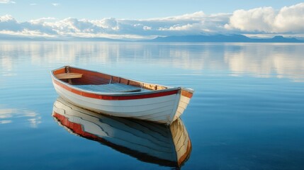 Naklejka premium A small boat drifts peacefully on water, set against a majestic mountain backdrop, capturing a serene moment in nature.