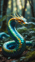 Fototapeta premium Majestic dragon-like snake with vibrant scales, coiled in a mystical forest setting