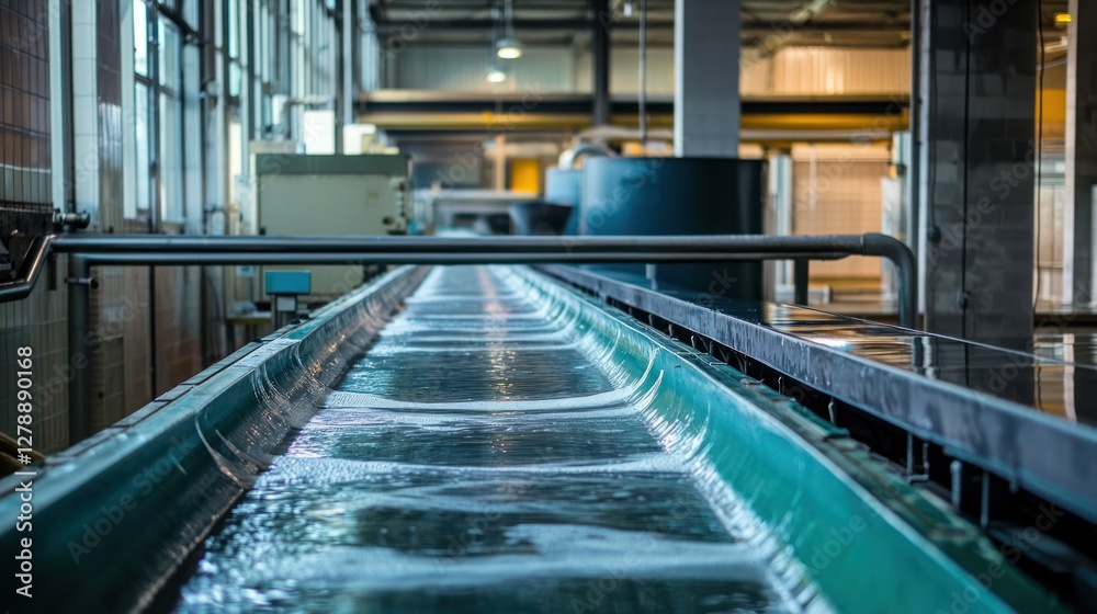 Poster a conveyor belt in a seafood factory transporting cleaned fish to a packaging station.
