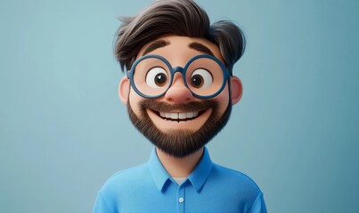 Smiling 3D Cartoon Man in Blue Shirt and Big Glasses, Cheerful Expression, Happy People Concept, Light Background