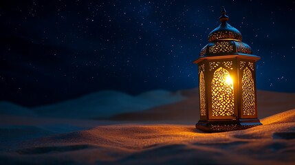 A Traditional Arabic Lantern Shining on Desert, at Blue Midnight : Suitable for Be Used in Blog Posts, Social Media Posts or Website Content Related to Islamic and Ramadan Theme.