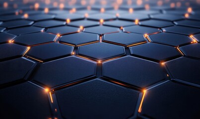 Naklejka premium Dark metallic hexagons with glowing edges, futuristic background