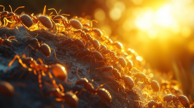 A group of ants crawling on a textured surface with the sun shining brightly in the background