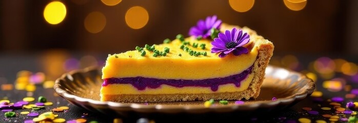 Traditional king cake with purple, green and gold decorations against a backdrop of golden blurred lights for Mardi Gras celebration in New Orleans