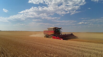 Obraz premium Combine Harvester In Wheat Field On A Sunny Day. Harvesting Grain, Rural Landscape, Agricultural Machinery, Farm Work.