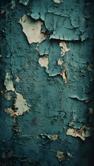 Turquoise peeling paint shows underlying textures of decay