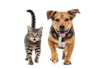 Fototapeta premium Cat and dog running together, playful pets on white background