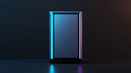 Modern minimalist cabinet with neon blue and pink lighting against a dark background.