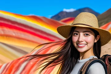 Young female adventurer, dressed for exploration, walks through the breathtaking Rainbow Mountain landscape, surrounded by vibrant mineral-rich peaks.