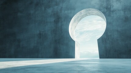 A surreal keyhole view revealing a bright sky and clouds in a minimalist concrete room