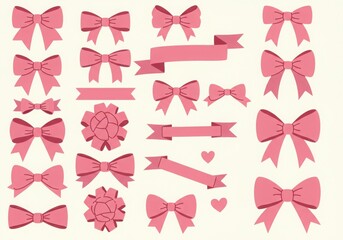 Pink bows, decorative ribbons, gift wrapping elements, pastel color palette, flat design, symmetrical arrangement, variety of bow styles, cute accessories