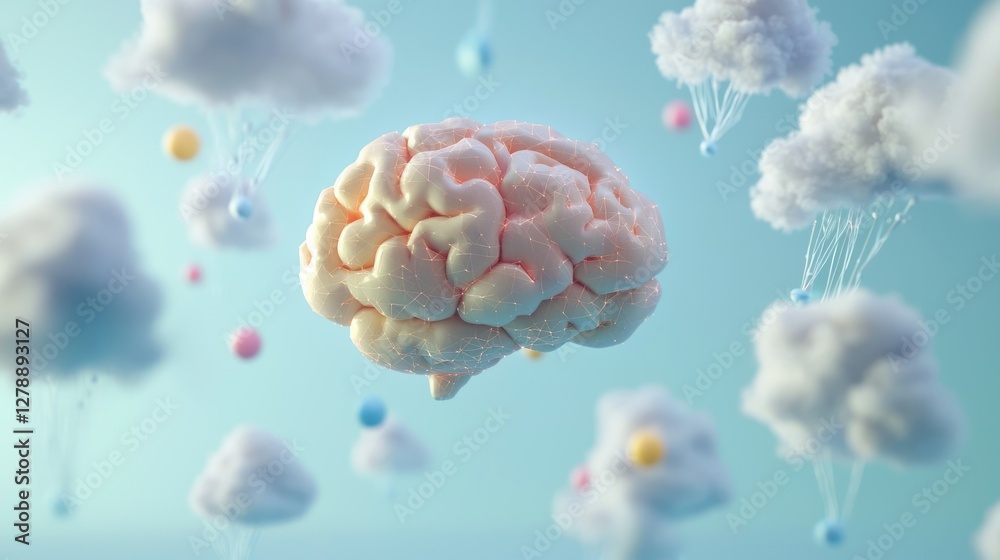 Aufkleber A creative 3D brain floating in a cloud of abstract data points 